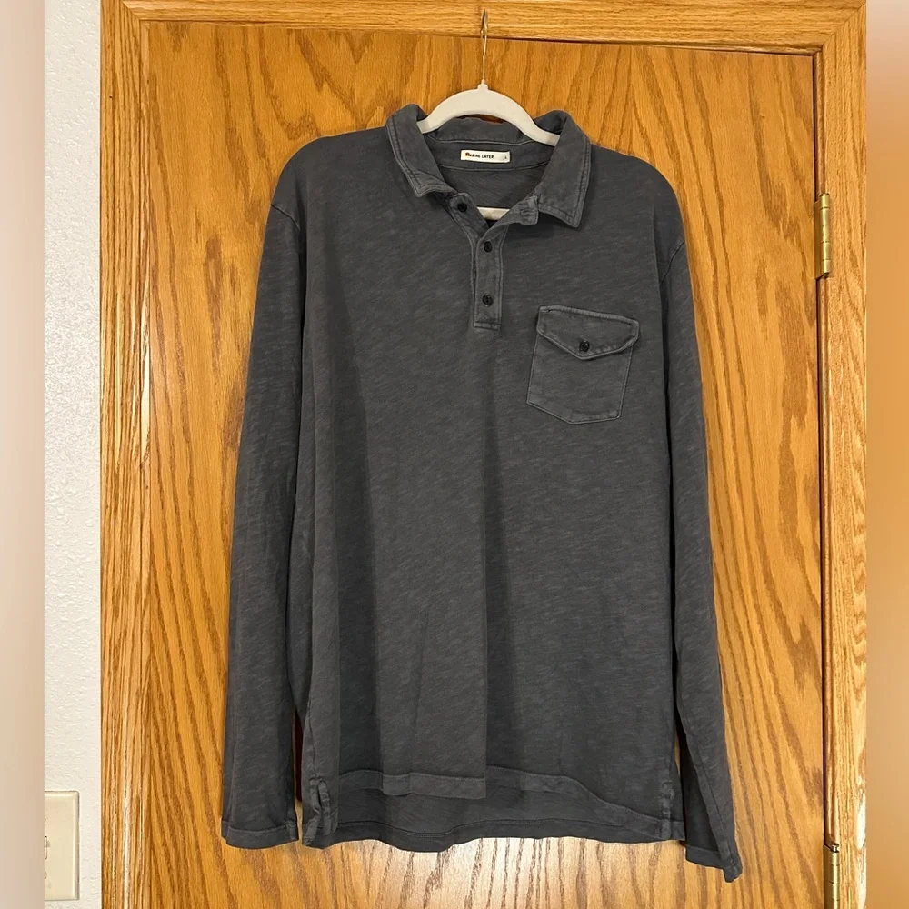 Marine Layer Blue/Grey Vintage Heavy Slub Polo Long Sleeve Shirt - NWOT -Size L - Picture 2 of 8